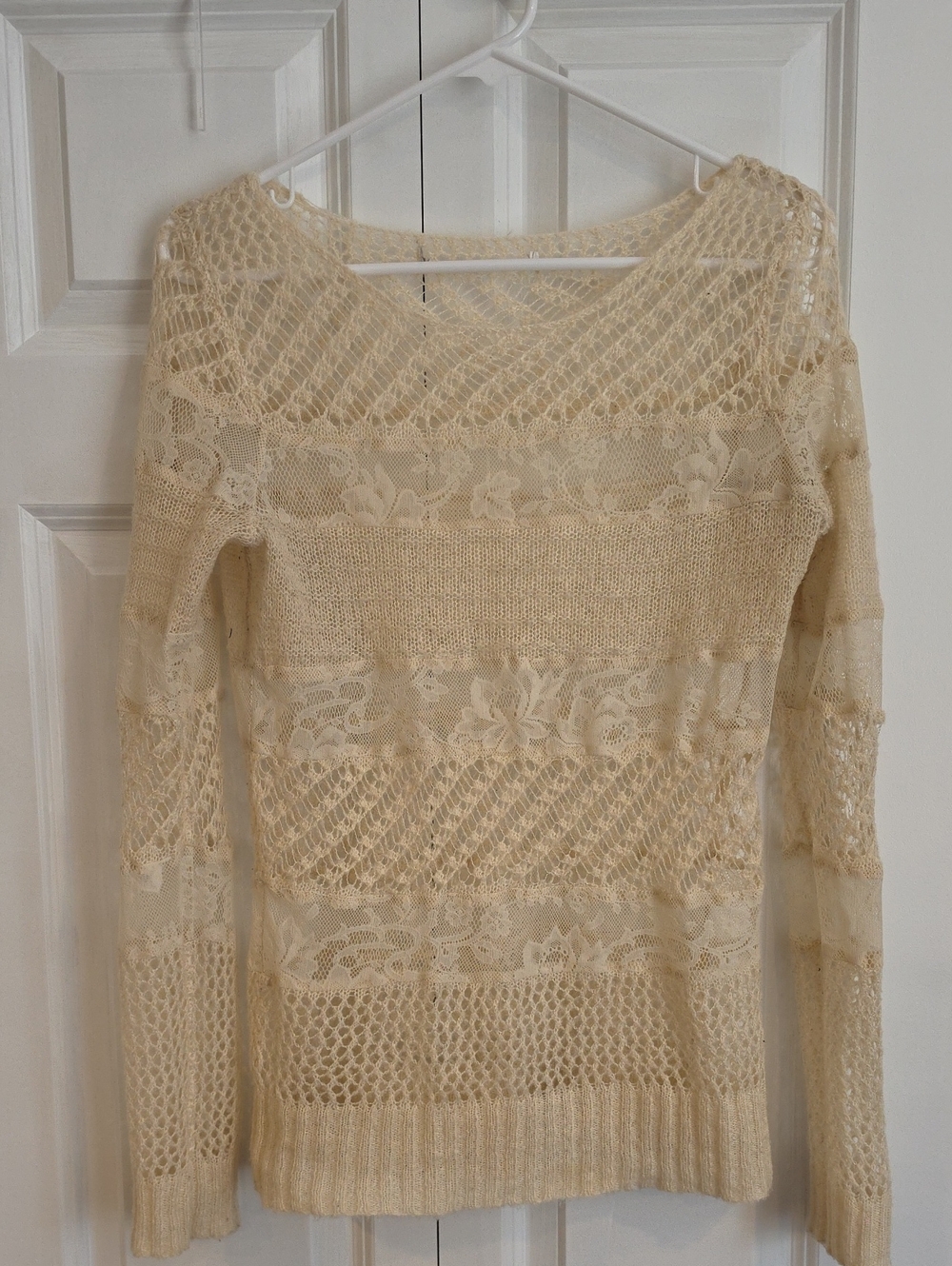 Source Unknown Cream Lace-Panel Scoop Neck Sweater